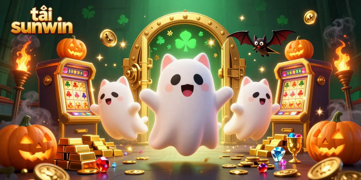 Tải sunwin and join the thrilling casino adventure with ghost cat in a lively scene.