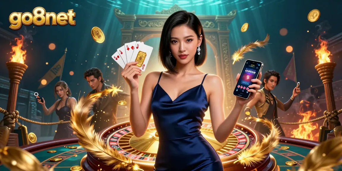 Experience excitement at go8net with captivating casino graphics featuring an Asian woman and elite gaming elements.