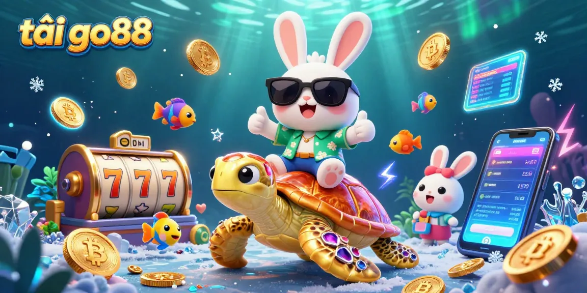 Experience the thrill of tải go88 with an adorable rabbit and golden turtle amidst casino excitement.