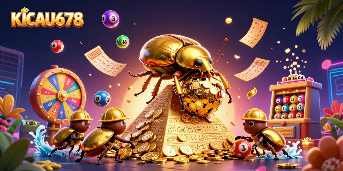 KICAU678 slots online experience illustrated with a golden beetle rolling coins, dynamic gaming elements, and vibrant colors