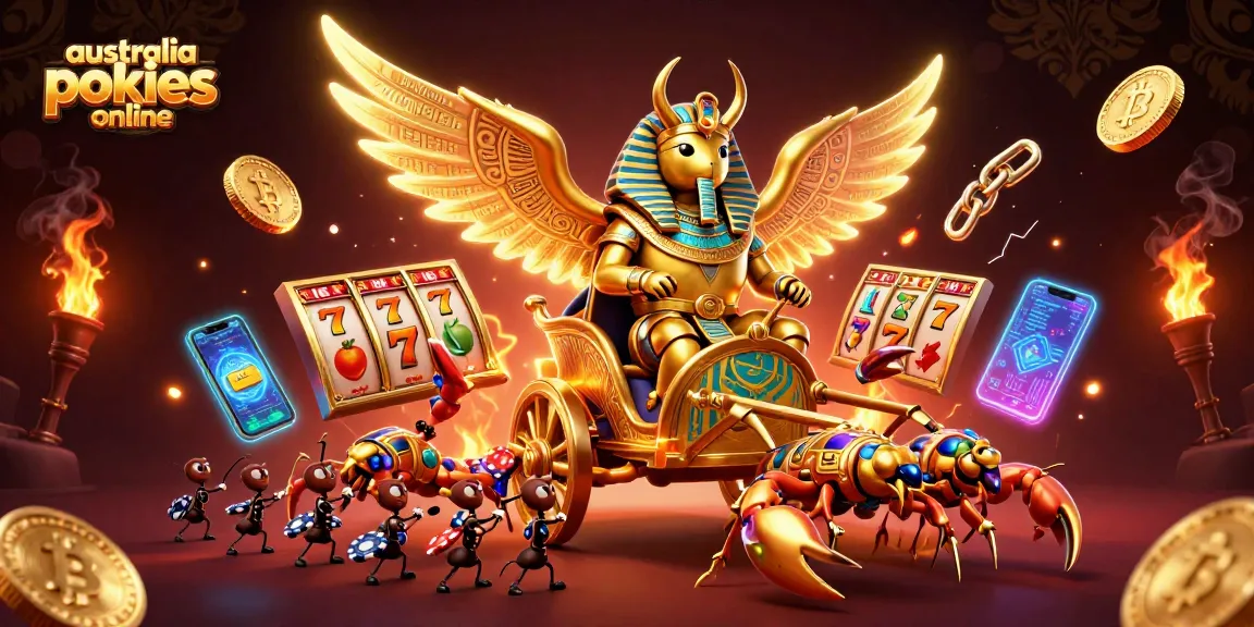 Experience the excitement of australia pokies online with a golden scarab beetle riding a chariot while jackpot reels spin.