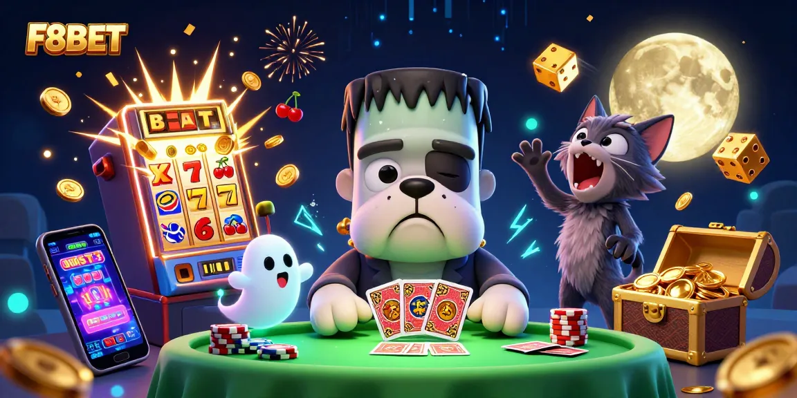 Play at F8BET and enjoy thrilling games with a lively cartoon casino scene featuring vibrant characters and slot machines.
