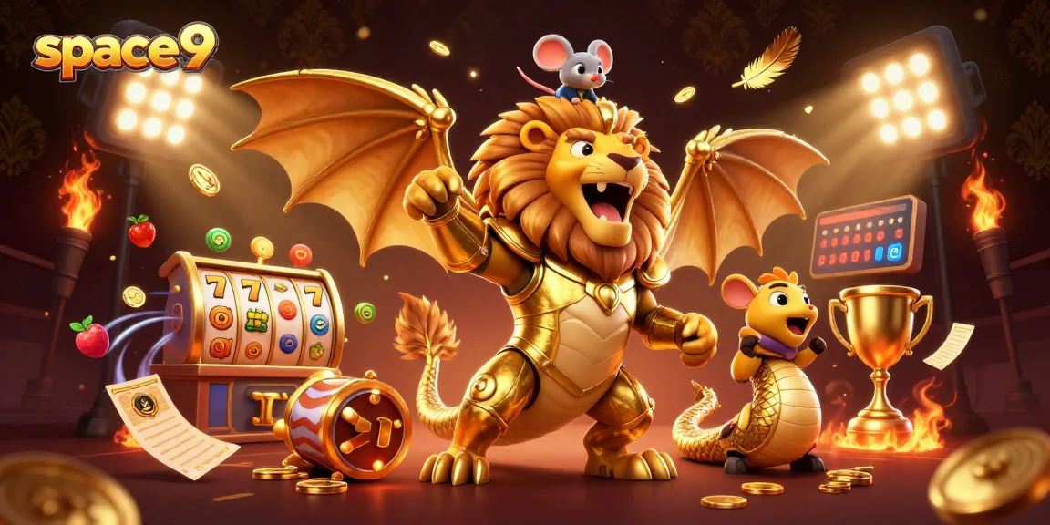 Experience thrilling action at space9 with a golden chimera creature, slot games, and dynamic gameplay elements.