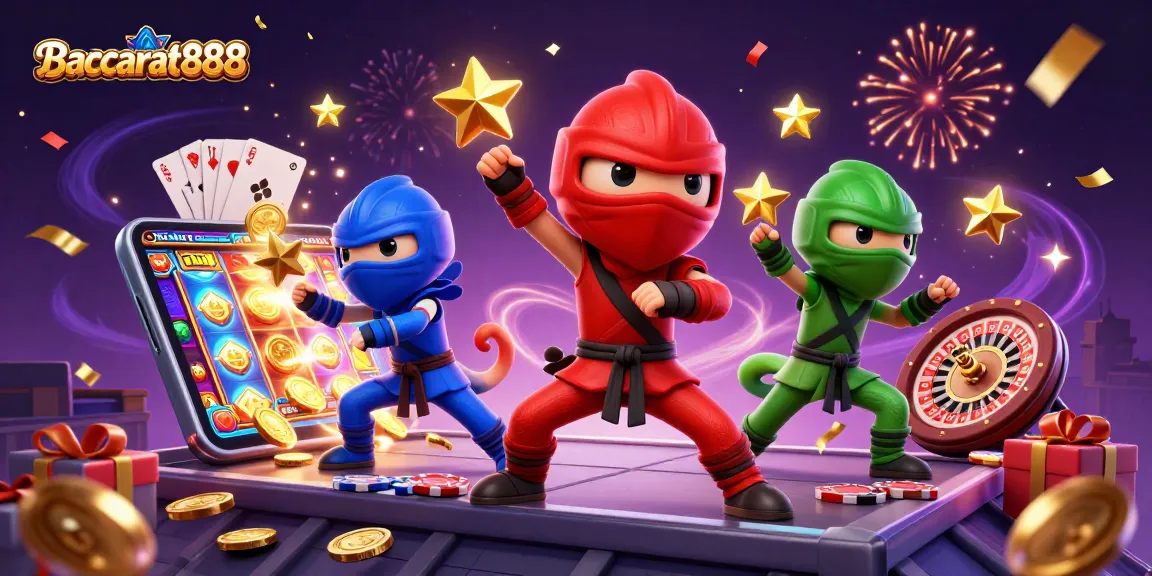 Baccarat888 showcases an energetic scene with ninja chameleon characters performing martial arts, surrounded by vibrant casino elements.