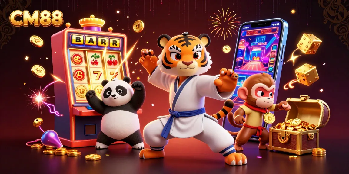 Experience the thrill of CM88 with a vibrant casino scene featuring animated characters and slot machines.