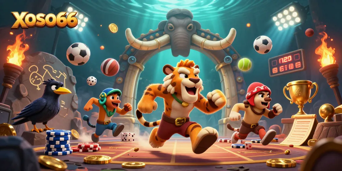 XOSO66 brings a thrilling gaming experience with cartoon characters enjoying their prehistoric casino adventure.