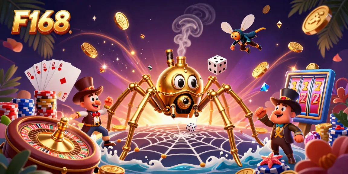 Experience the thrill of F168 with a playful steampunk scene of golden gaming elements.