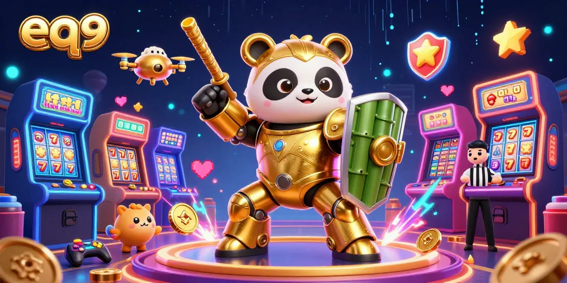 Experience thrilling gameplay at eq9 with a dynamic illustration of a mech-suit panda and exciting casino elements.