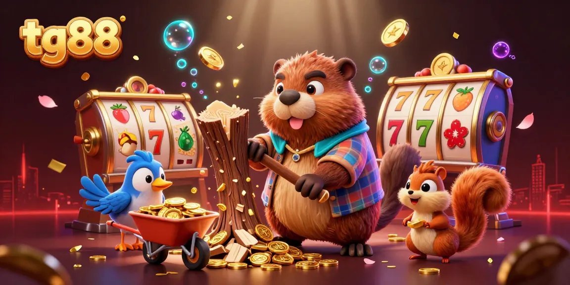 Experience exciting fun at tg88 with a vibrant 3D illustration of a beaver earning gold coins through slots and gaming.