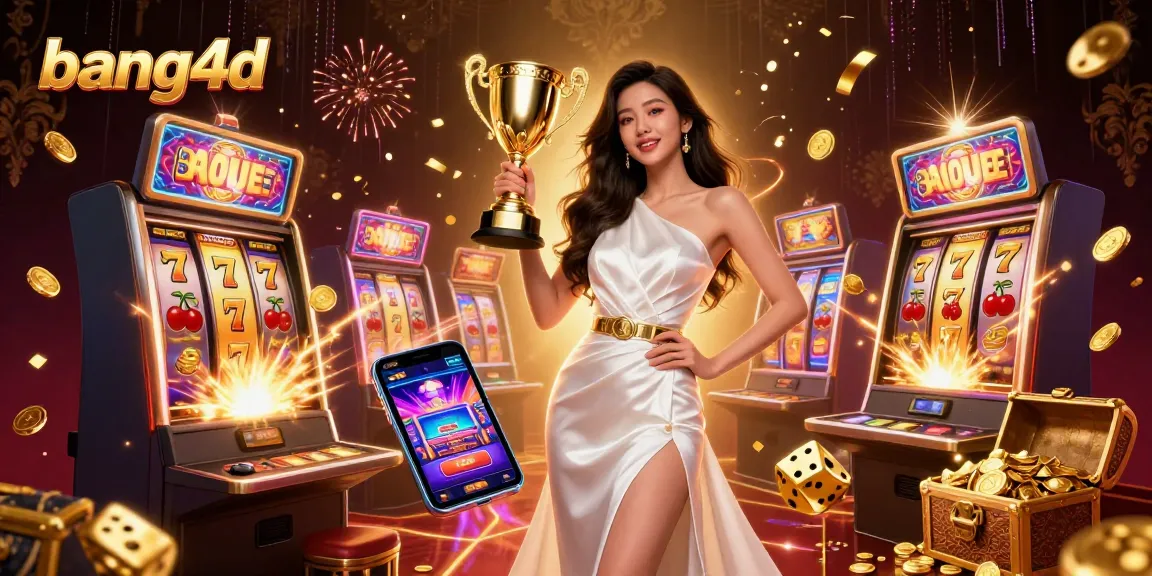 Engage with bang4d's remarkable gaming experience highlighted by a victorious trophy presentation amid dynamic casino elements.