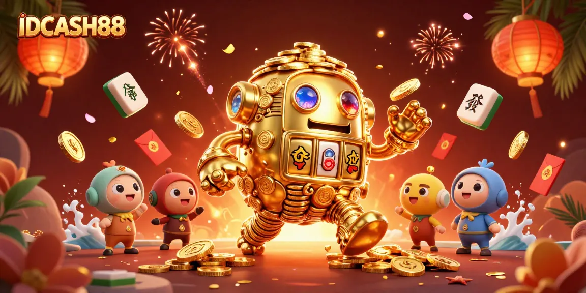 Experience thrilling gameplay with IDCASH88's vibrant 3D illustration showcasing a golden golem amidst dynamic casino elements.