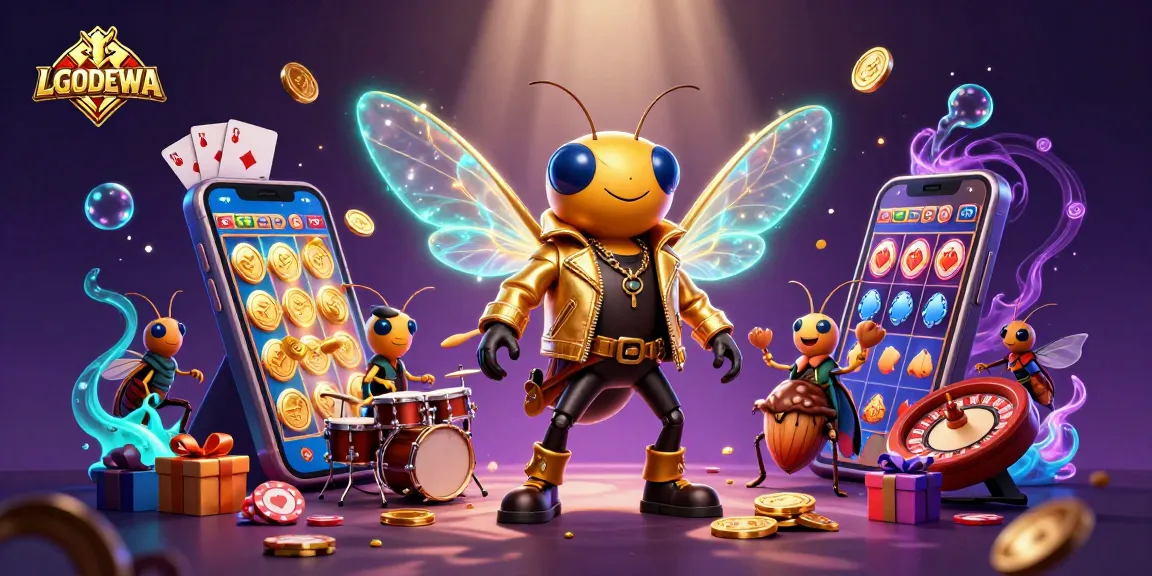 Spin to win with LGODEWA! A lively 3D casino scene featuring vibrant slot elements.