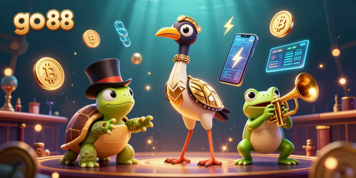 Spin and win at go 88 casino with a vibrant scene featuring a cartoon crane and turtle amidst glowing crypto elements.