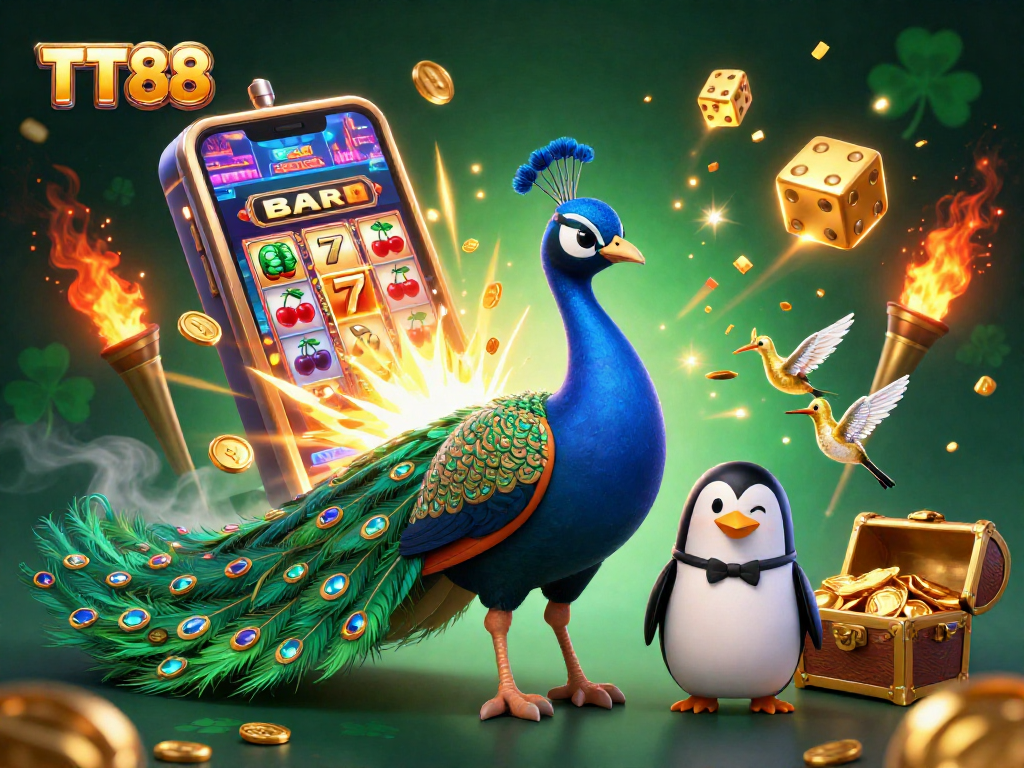 TT88 showcases a dazzling casino scene with a peacock, penguin, and hummingbird amidst vibrant gaming elements.