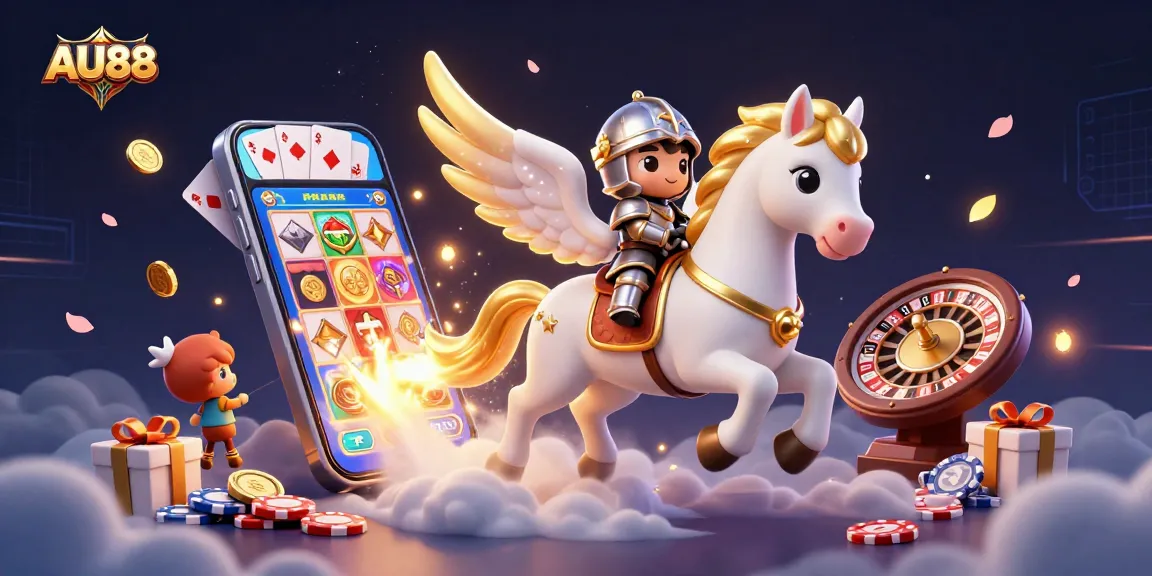 Engage with AU88's thrilling casino atmosphere featuring a celestial horse, knight, and mobile gaming elements.