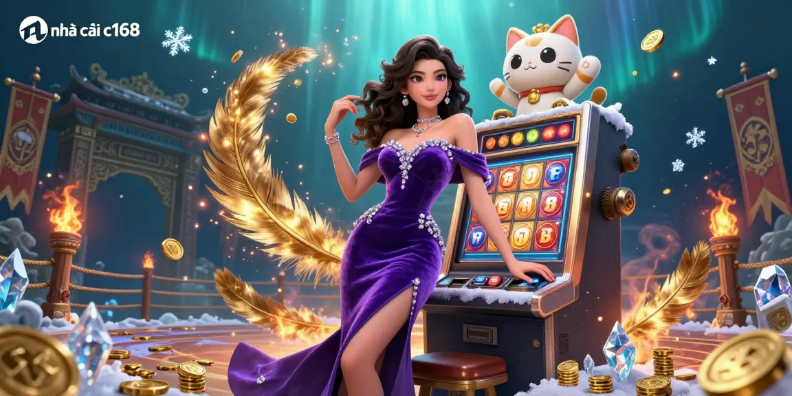 Experience thrilling wins with nhà cái c168 at a vibrant casino scene featuring a jackpot slot machine and a waving fortune cat.