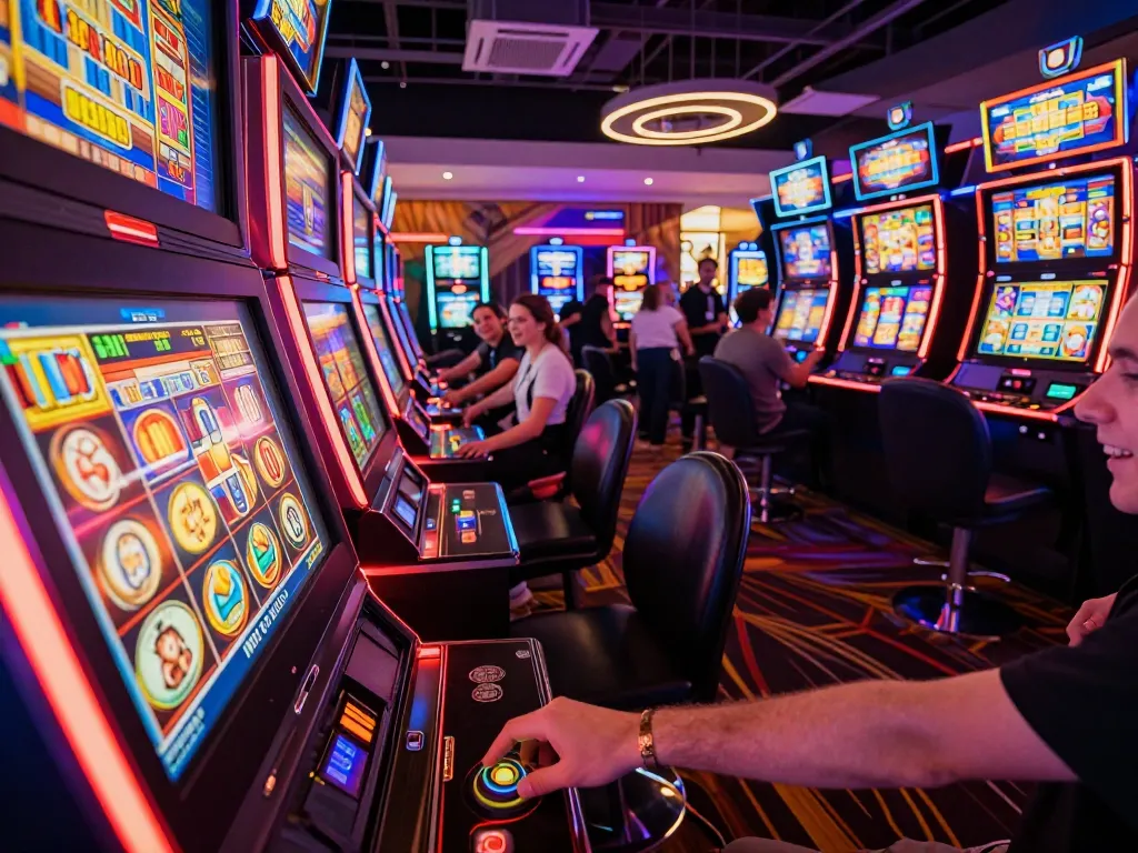 Playing slot bet 100 at a vibrant casino, capturing player excitement and colorful machine displays.