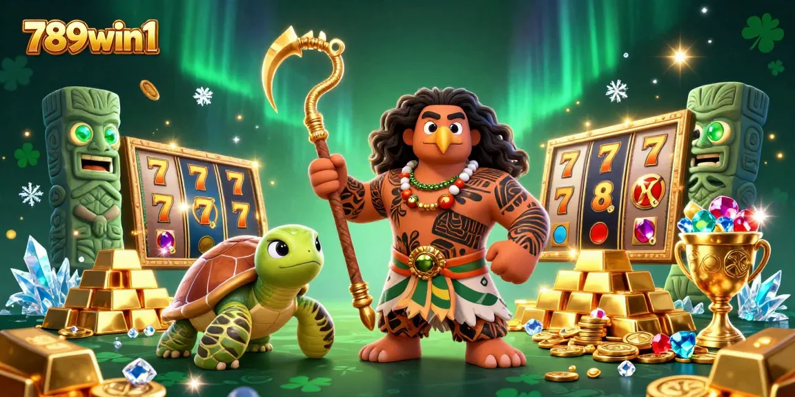 Experience the excitement at 789win1 with a vibrant 3D casino scene featuring lucky symbols.
