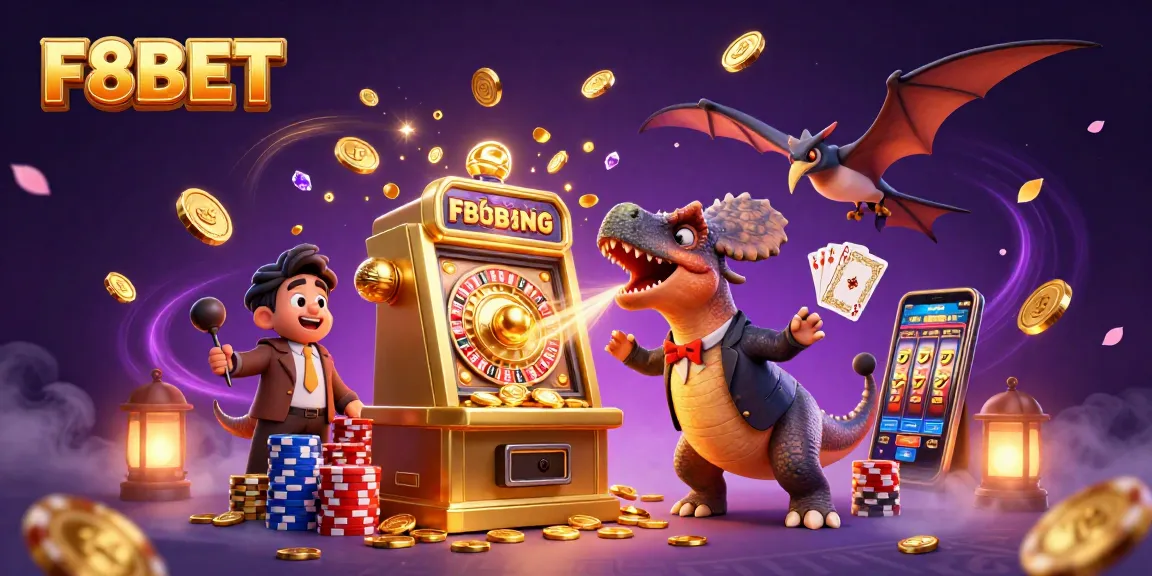 F8BET features a pachycephalosaurus celebrating a jackpot at a golden slot machine amid dynamic casino elements.