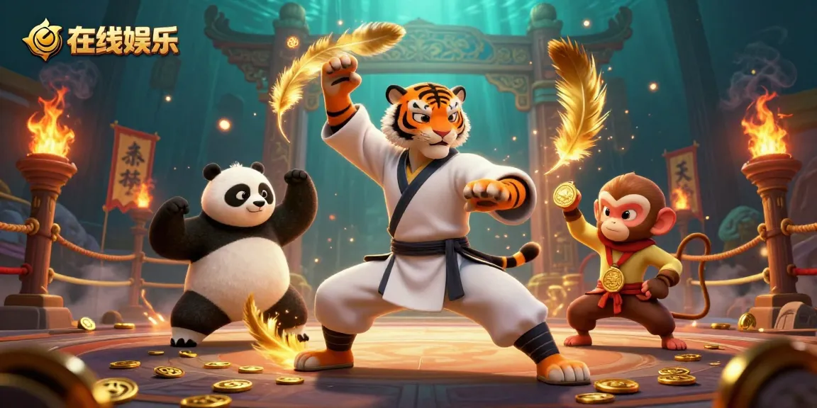 在在线娱乐中，虎师傅展现姿势，熊猫弟子模仿，猴子捡金牌，尽显体育竞技气息。