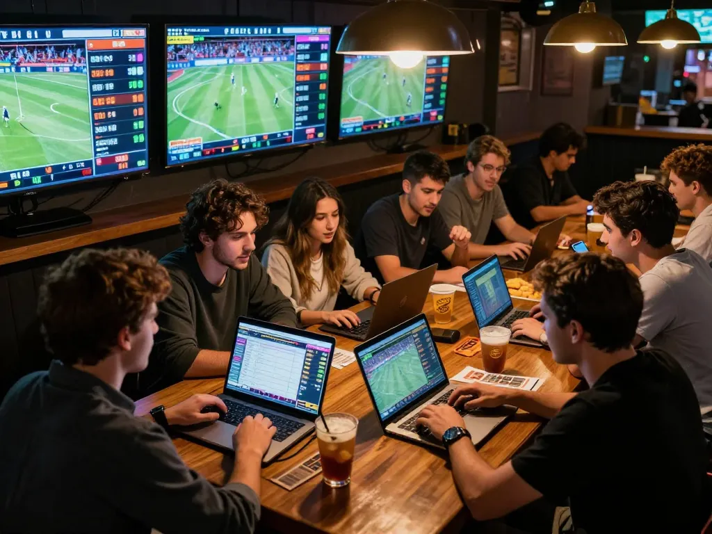 Excited friends engaging in sports betting at a lively sports bar, analyzing odds with keo nha cai hom nay on screens