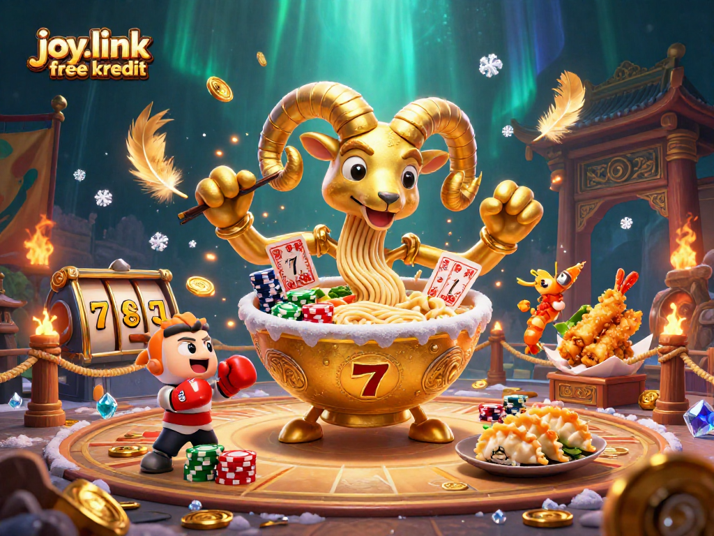 Experience the thrill with joy.link free kredit as a giant ramen bowl dealer in a vibrant casino scene.