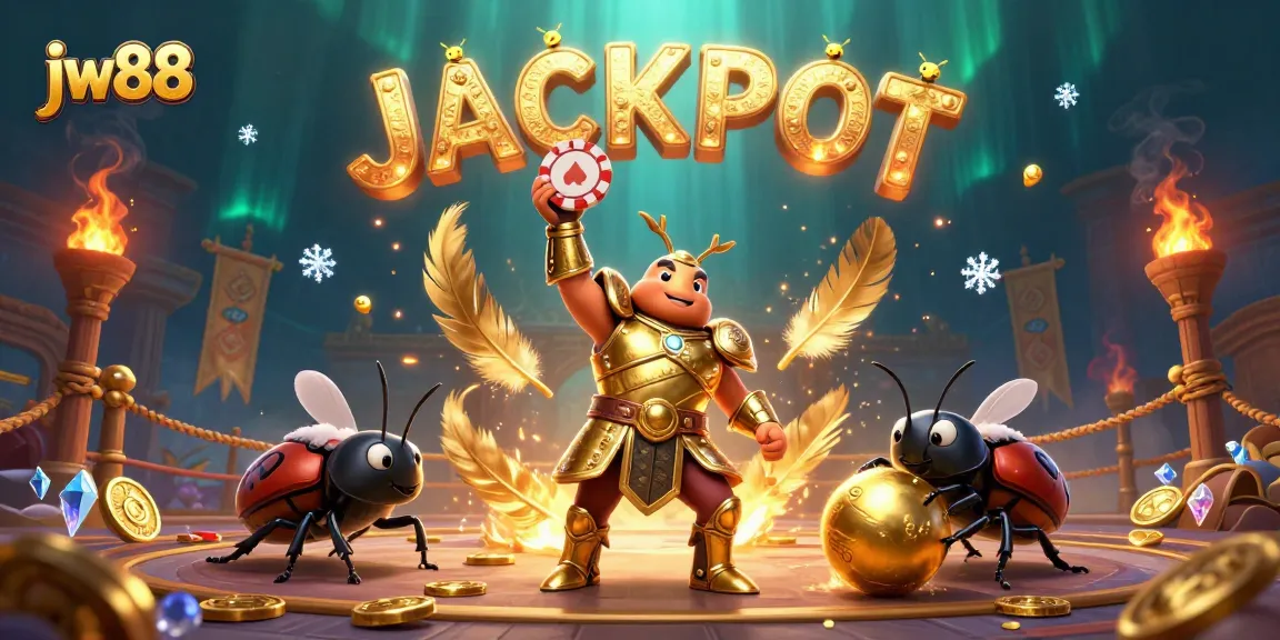 Experience the excitement of jw88 with a victorious beetle winning a poker chip, surrounded by animated casino elements.