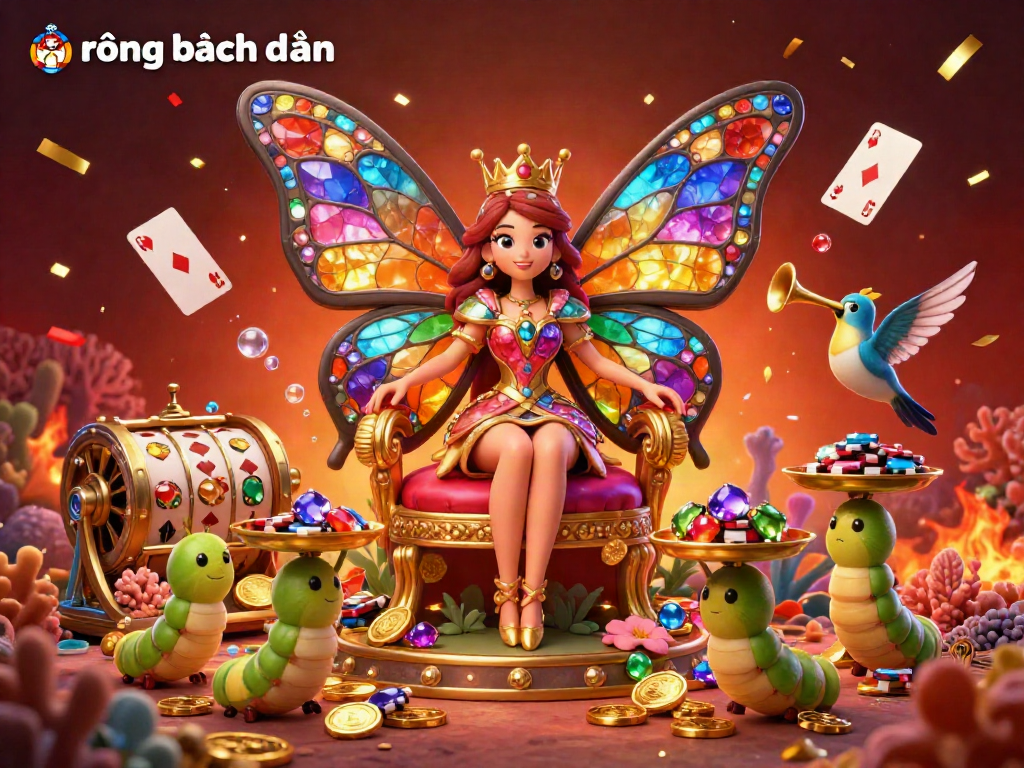 Engage with rồng bạch kim as the dazzling butterfly queen rules in a vibrant casino-themed illustration.