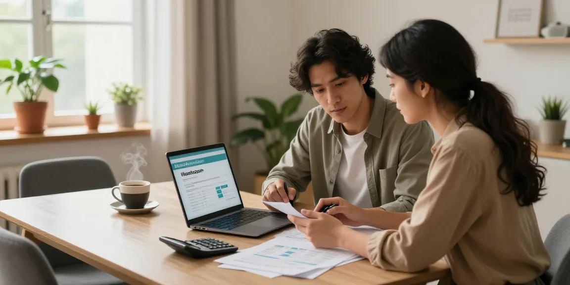 Couple planning their finances for a préstamo hipotecario at home.