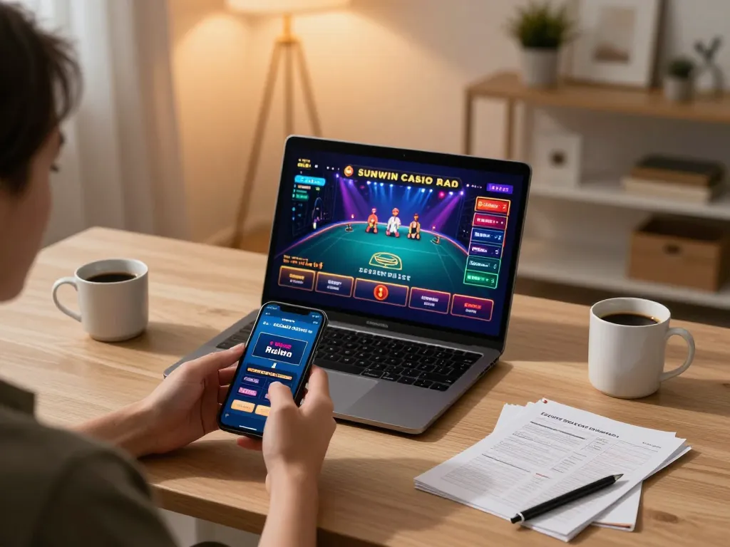 SUNWIN player enjoying online casino gaming with smartphone and laptop, warm cozy atmosphere.