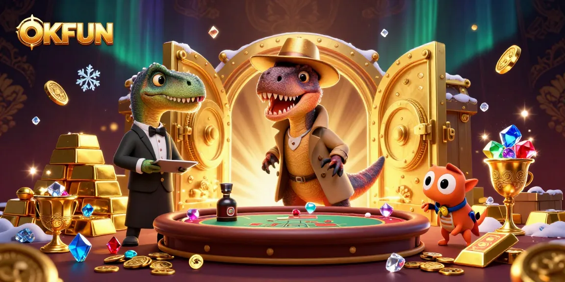 OKFUN showcases a velociraptor card counter at a blackjack table, capturing a dynamic gambling atmosphere.
