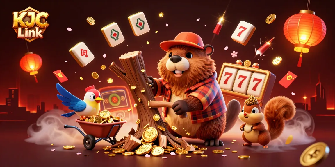 KJC Link showcases a lively gambling scene with cartoon characters collecting coins and playing slots.