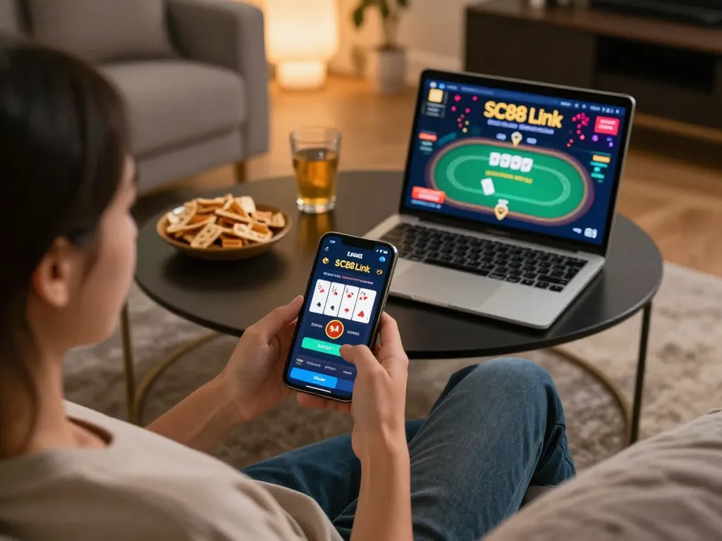 Engaging user navigating SC88 Link casino app on smartphone with realistic home gaming setup.