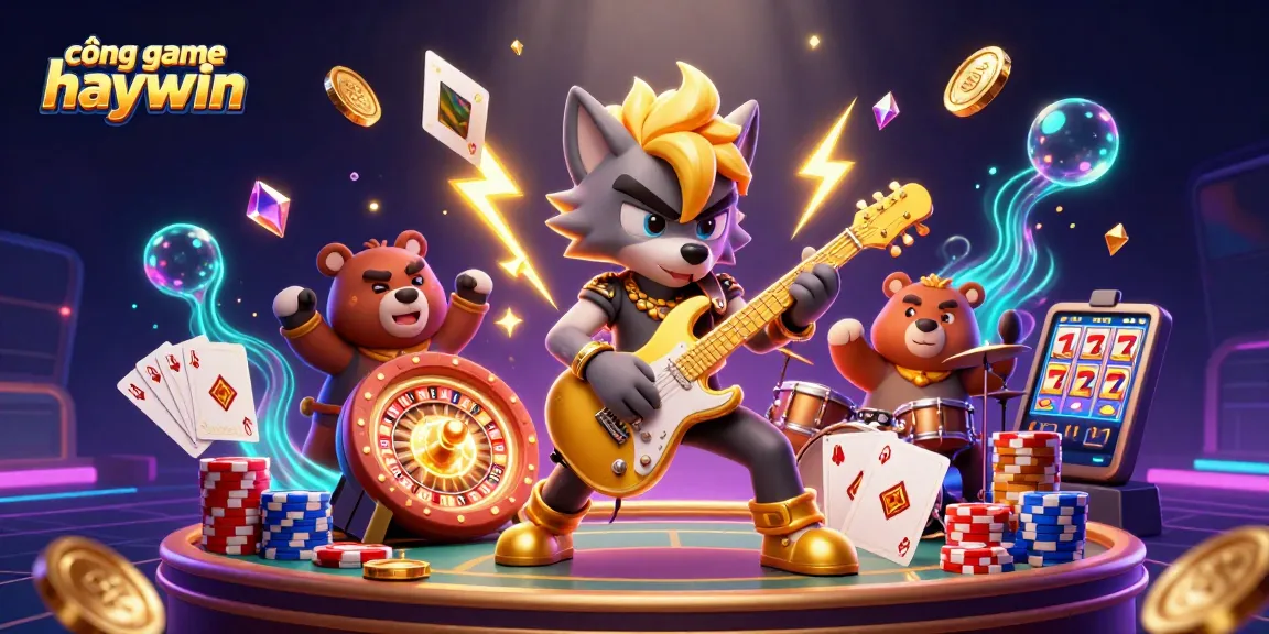 Cascading coins and vibrant symbols in 3D cartoon scene with cổng game haywin branding, highlighting casino excitement.