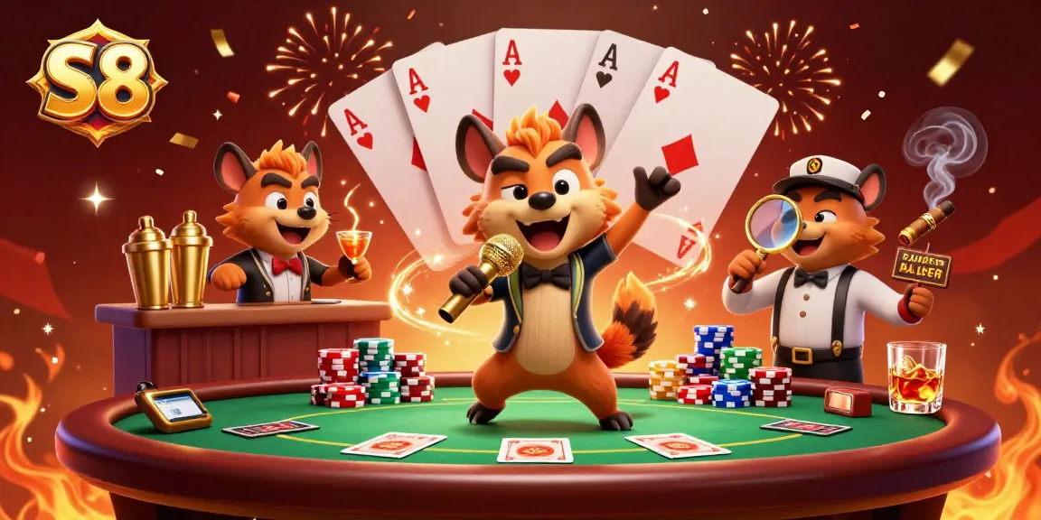 Experience the excitement of S8 Casino with vibrant 3D hyena characters enjoying a comedy night.
