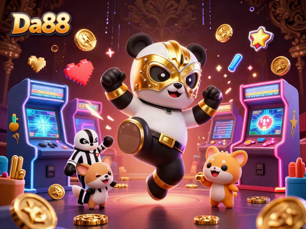 Exciting Da88 casino scene with a panda wrestler and animal spectators enjoying dynamic gameplay.