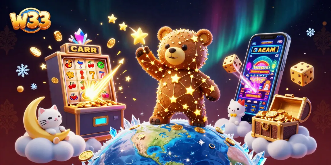 Engage with w33's vibrant casino world as the constellation bear scoops coins amidst golden jackpots.
