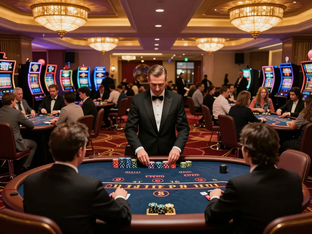 Bintangmpo menawarkan suasana permainan yang meriah dengan pemain di meja blackjack di kasino yang ramai.