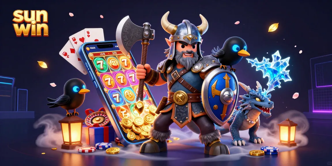 Engage with sun win's thrilling slot games featuring a Viking warrior and colorful game elements.