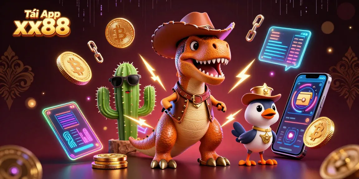 Tải App xx88 to join the thrilling 3D casino adventure featuring cartoon characters and neon crypto elements