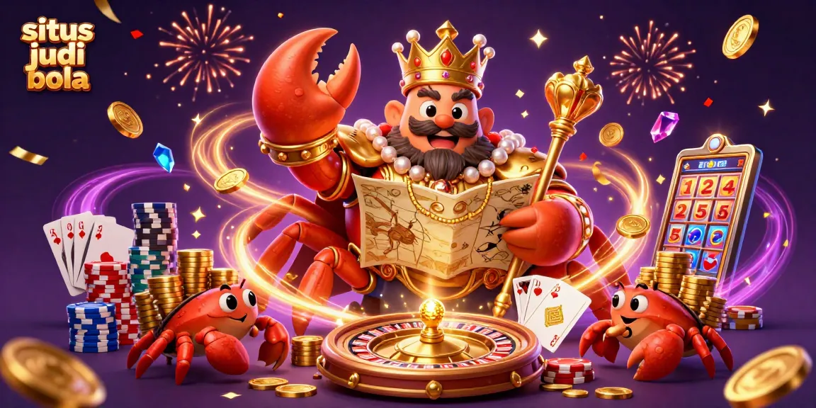 Situs judi bola themed illustration depicting a golden crab emperor amidst vibrant casino elements