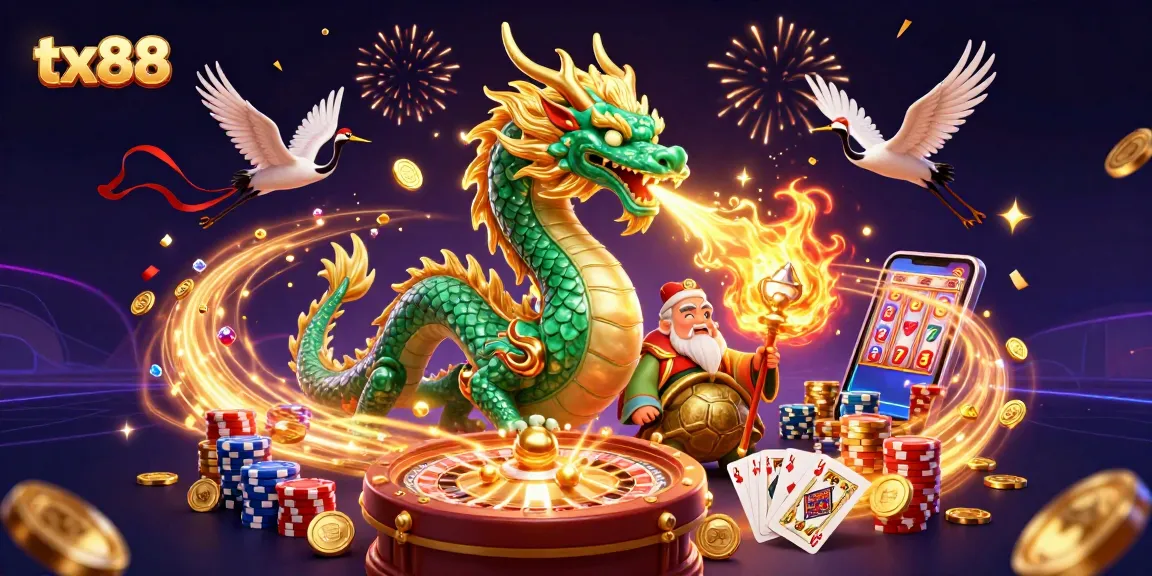 Engage with the vibrant tx88 casino experience featuring a jade dragon and gaming symbols.