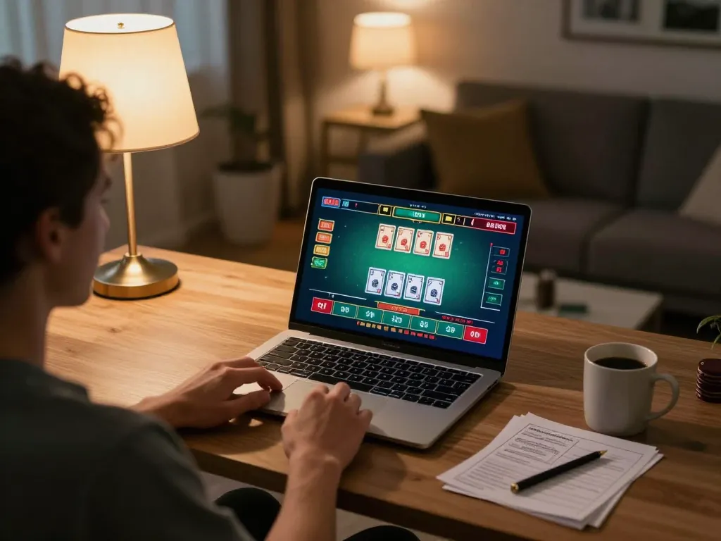 Player engaging with mb 66 online casino game on laptop, showcasing strategic gameplay at home.