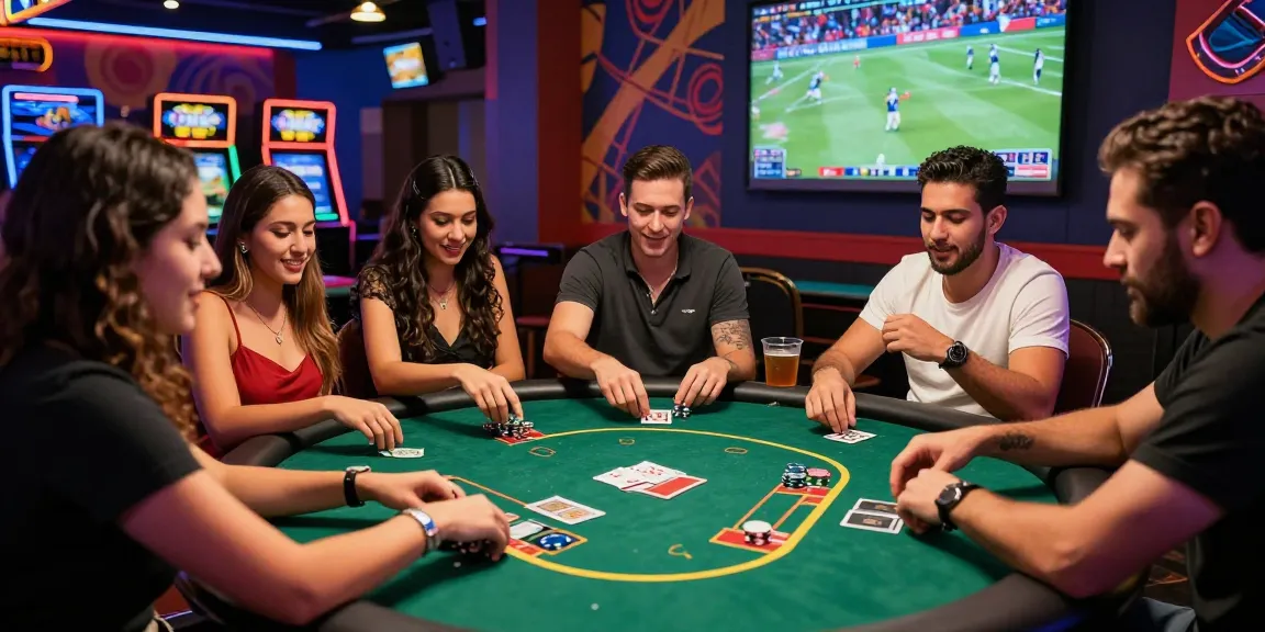 Exciting gaming scene at Pin Up Paraguay, friends enjoying poker with chips and sports highlights.