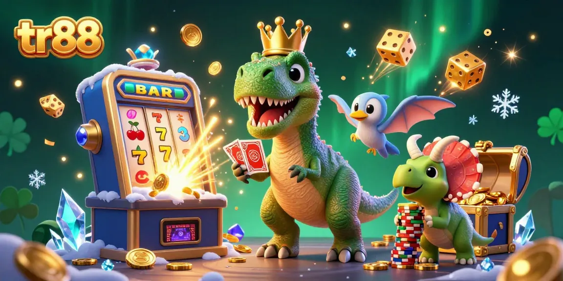 tr88's vibrant casino scene featuring a T-Rex dealing cards, surrounded by festive game elements.
