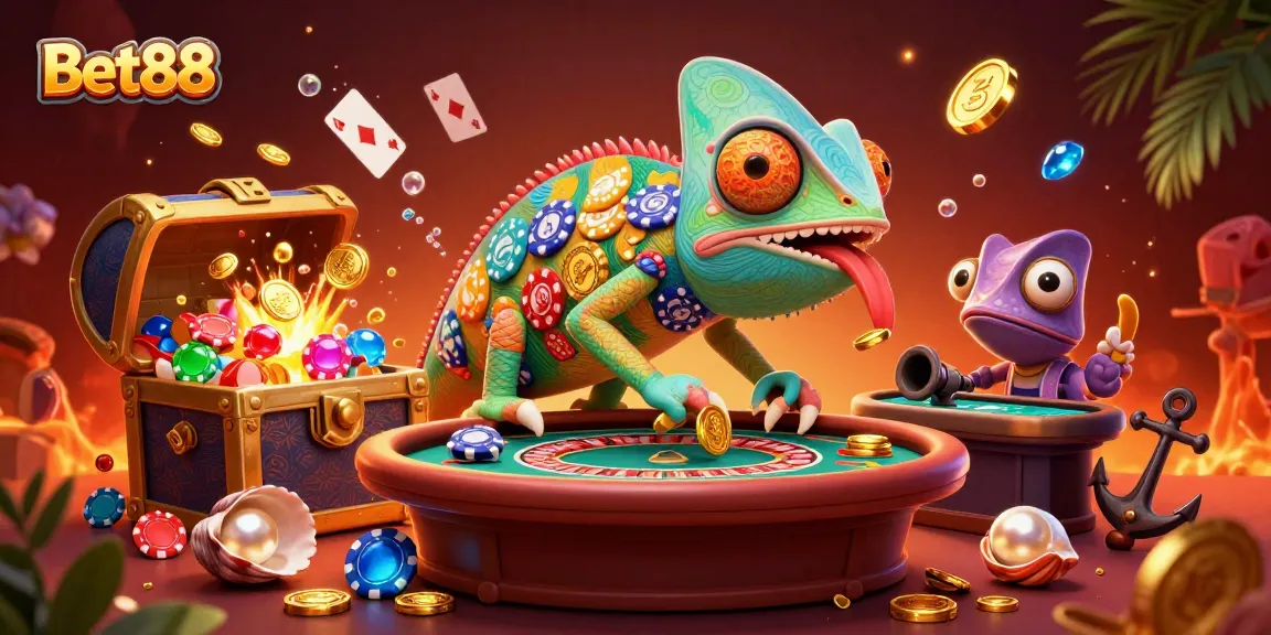 Experience the vibrant world of Bet88, featuring a chameleon casino owner amidst gold coins and thrilling gaming elements.