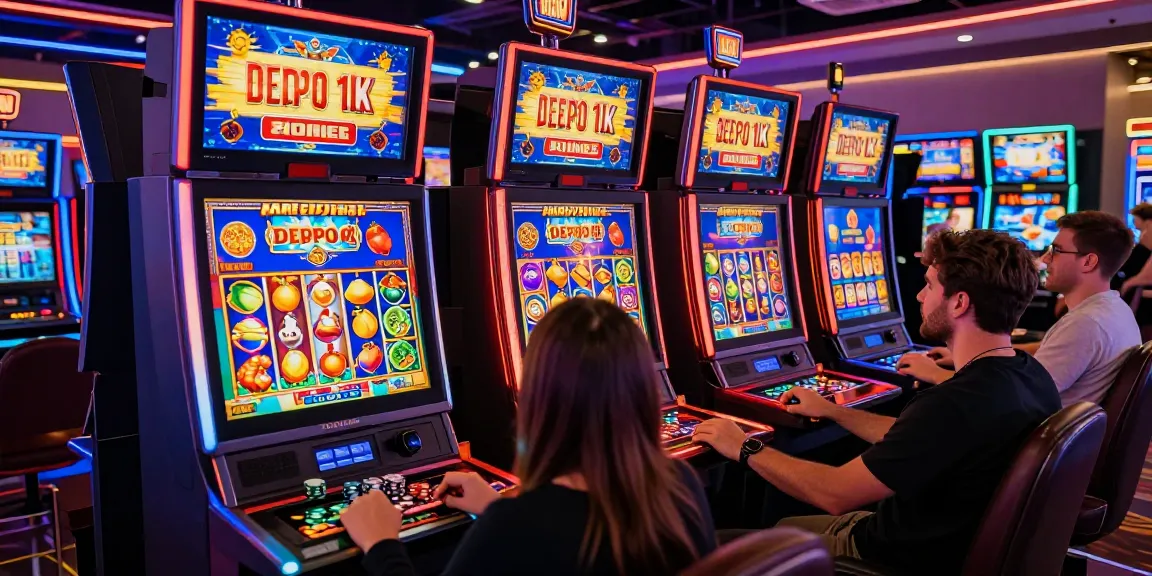 Exciting slot depo 1k gaming scene with players engaging at vibrant machines.