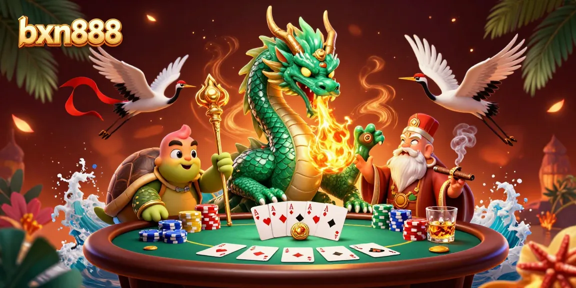 Engage with bxn888's thrilling atmosphere featuring a jade dragon, lucky birds, and poker elements.