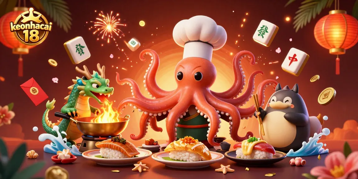 Engage with keonhacai 18 as a cheerful octopus chef creates gourmet dishes while a dragon breathes fire and a tanuki enjoys