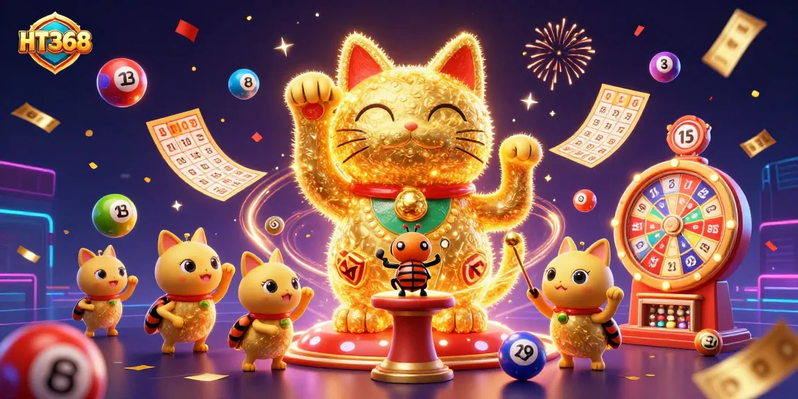 Experience thrilling moments at HT368 with an energetic scene featuring a lucky cat and dynamic lottery elements.